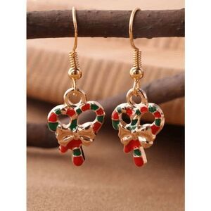 GOLD COLORFUL CHRISTMAS CANDY CANE BOW DANGLE EARRINGS